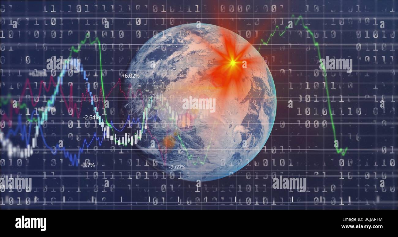Displaying Earth globe with binary code, line graphs and percentage labels in virtual interface Stock Photo