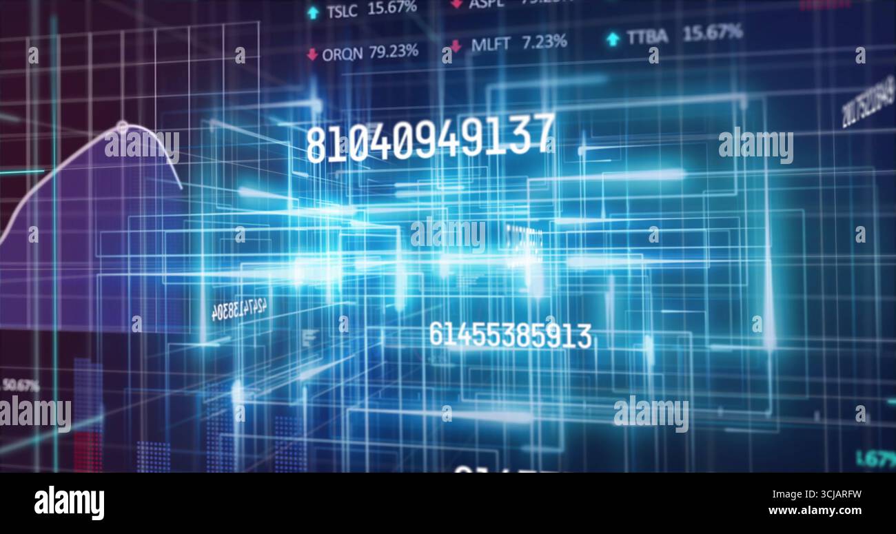 Displaying glowing blue network floating in finance display, with grid, numeric tickers, line graph Stock Photo
