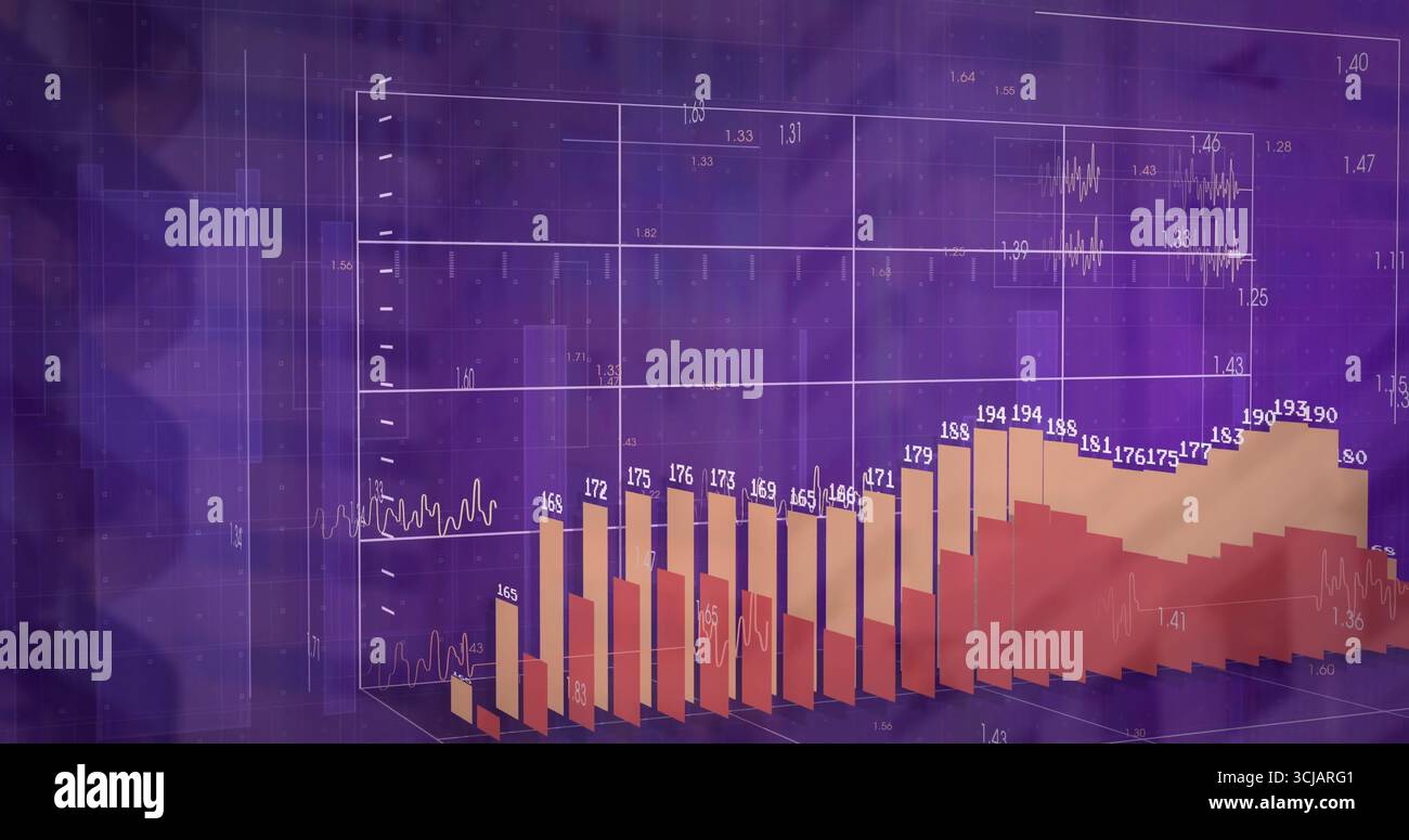 Displaying 3D bar chart in analytics interface, with gradient bars, wireframe grid and axis labels Stock Photo