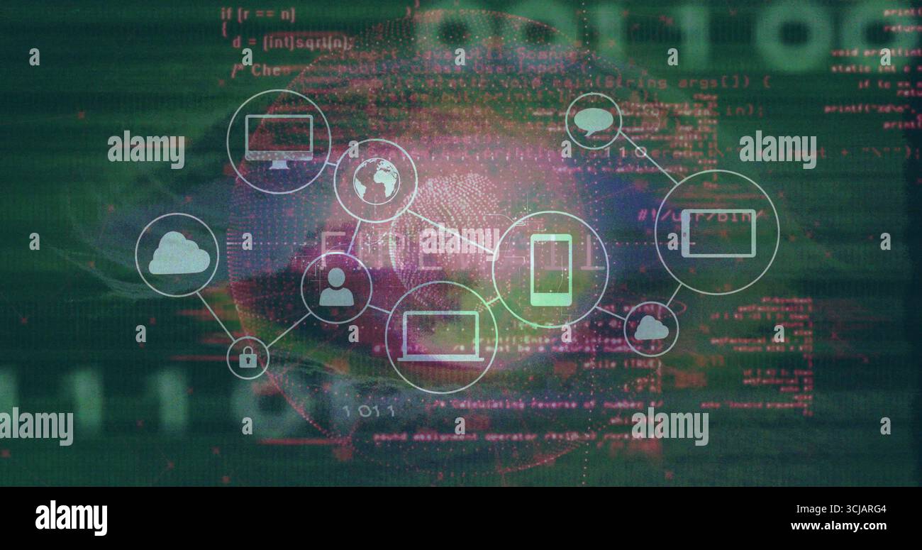 Floating fingerprint and security device icons forming data mesh over dual-tone code background Stock Photo
