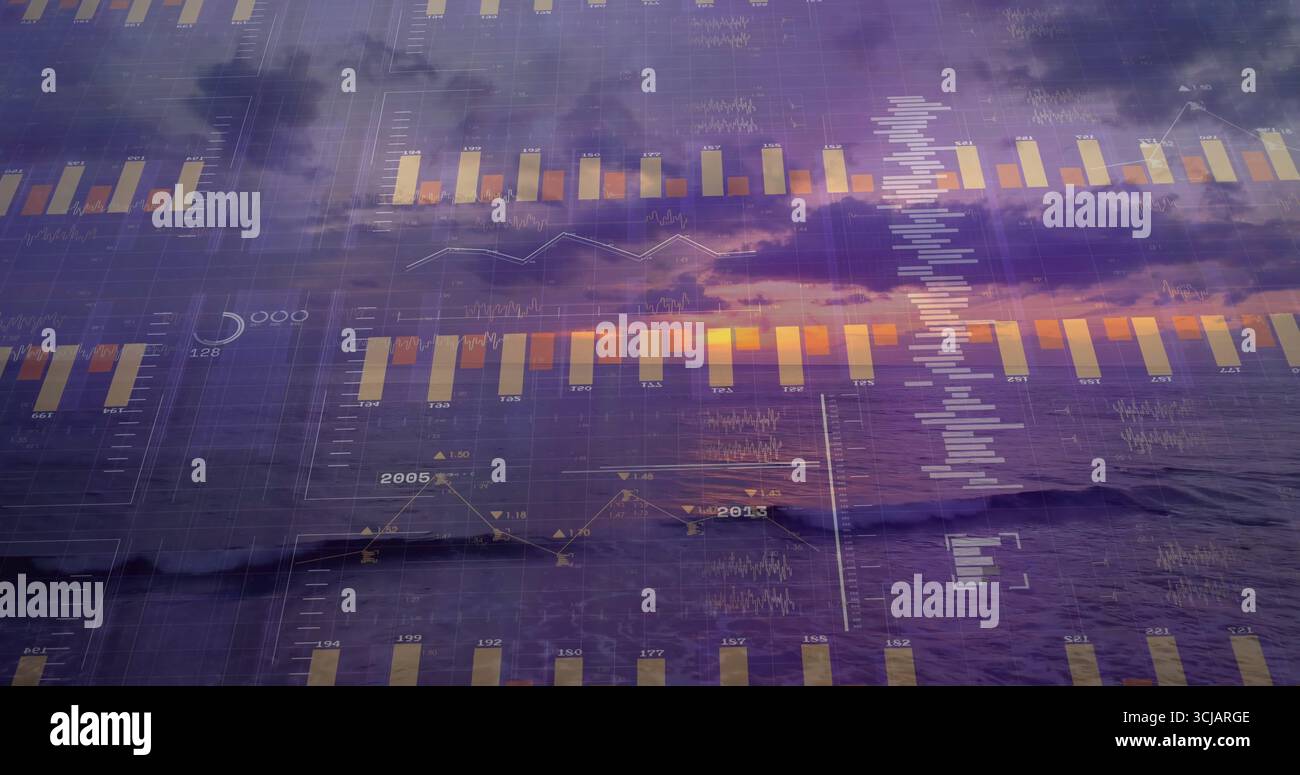 Displaying data visualizations merging dusk ocean scene, with bar charts, line graphs, histogram Stock Photo