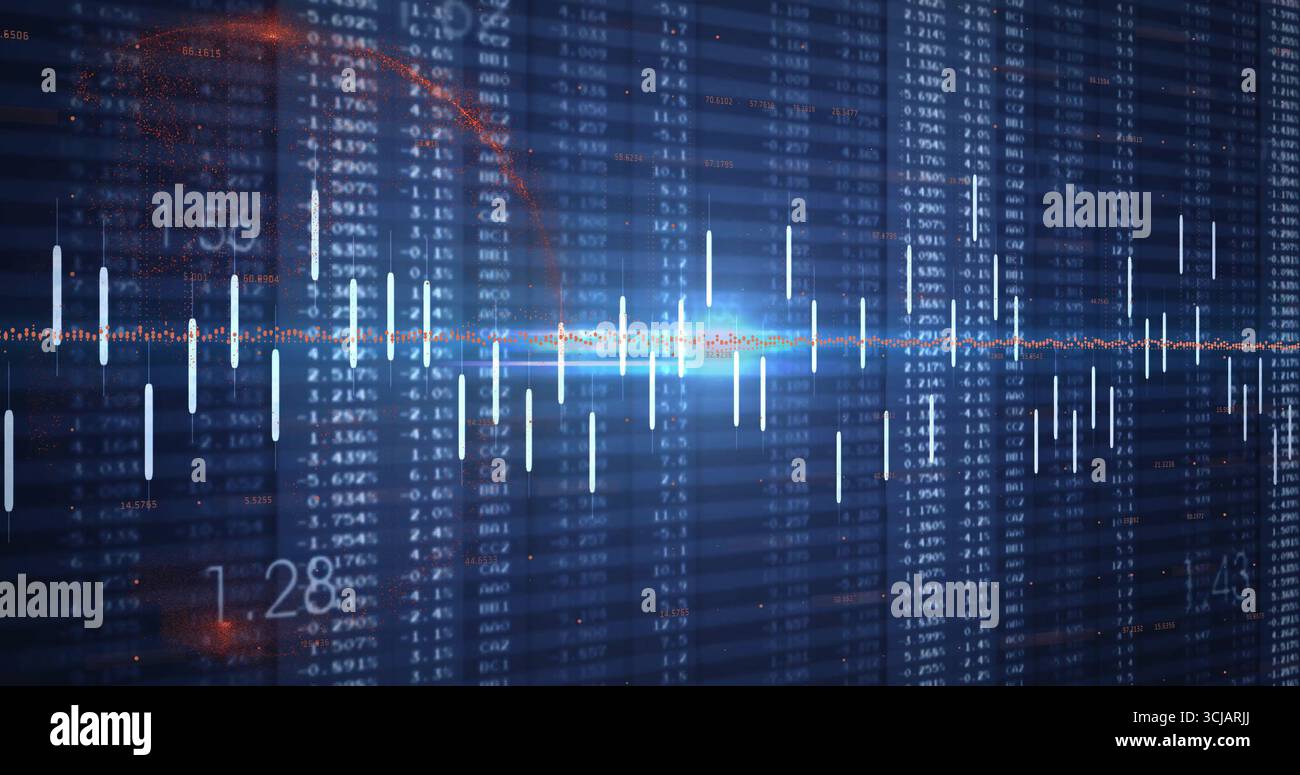 Displaying candlestick chart bars rising on blue grid, showing glowing axis line and data columns Stock Photo