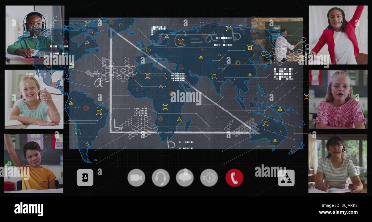 Displaying digital whiteboard showing world map with network nodes, algebra notes in virtual class Stock Photo