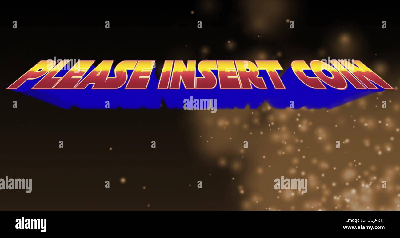 Displaying bold 3D text prompt PLEASE INSERT COIN on arcade screen, with glowing particles Stock Photo