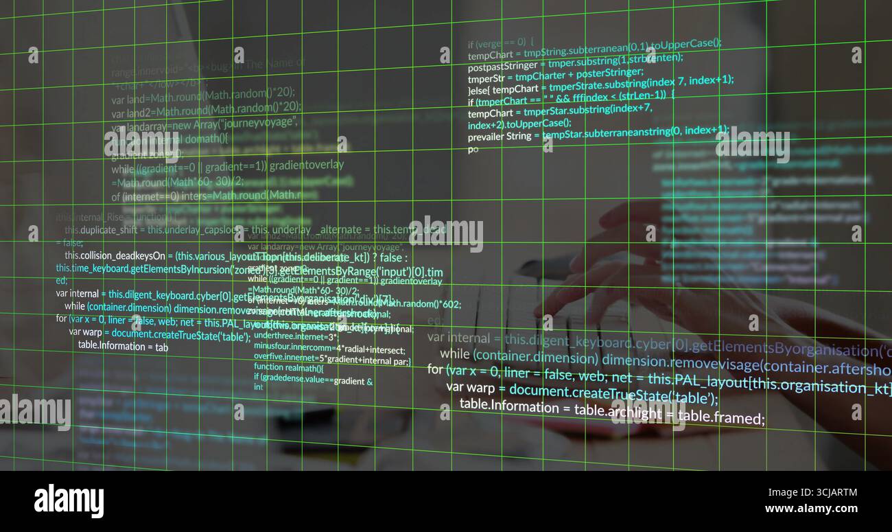 Displaying green code overlay, silver laptop computer resting on wooden desk, with hovering hand Stock Photo