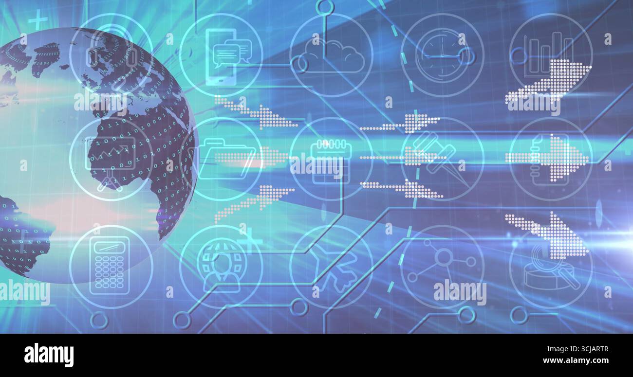 Displaying pixelated globe with binary overlay on left at data network with tech icons, copy space Stock Photo