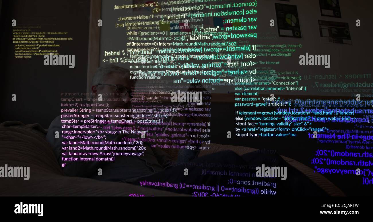 Working man typing code on laptop on leather couch in living room, with projected code snippets Stock Photo