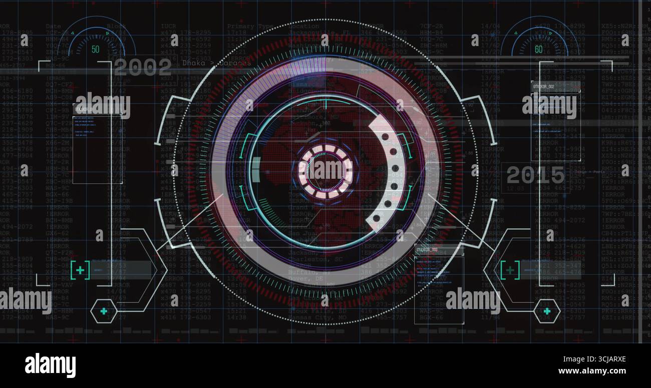 Displaying central circular interface rotating over grid, with concentric rings and code streams Stock Photo