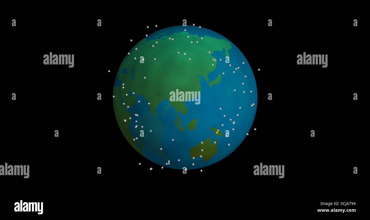 Rotating stylized Earth globe floating in outer space, with white square particles Stock Photo