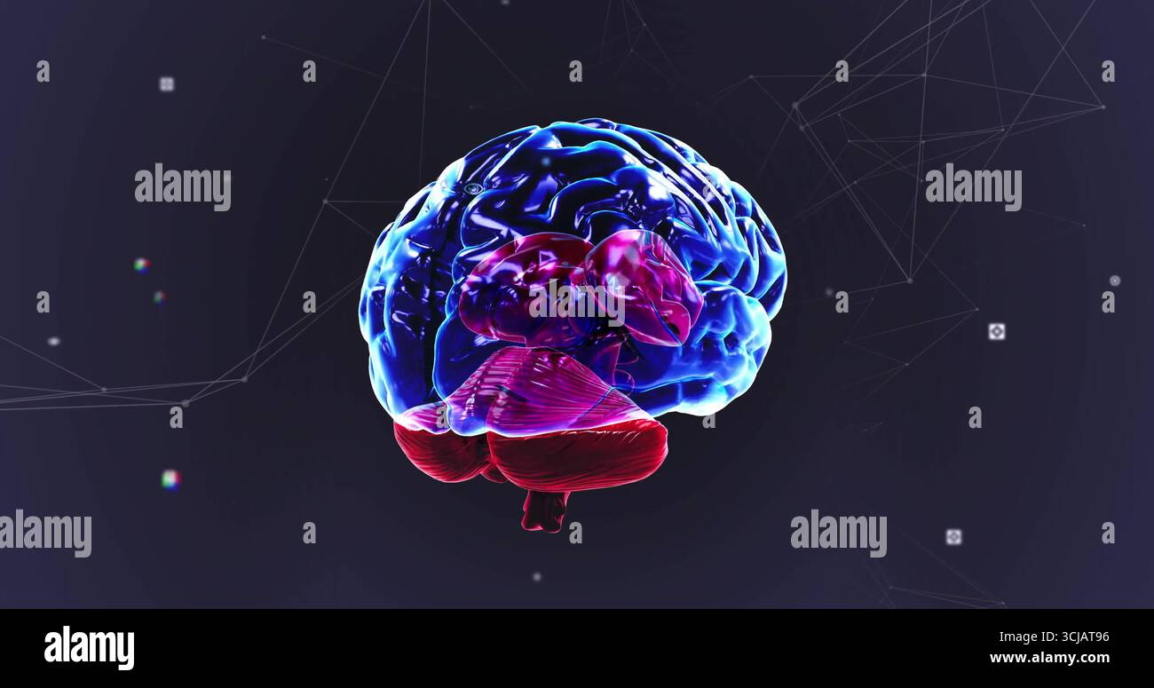 Floating 3D-rendered brain model glowing in dark violet digital environment, with network nodes Stock Photo