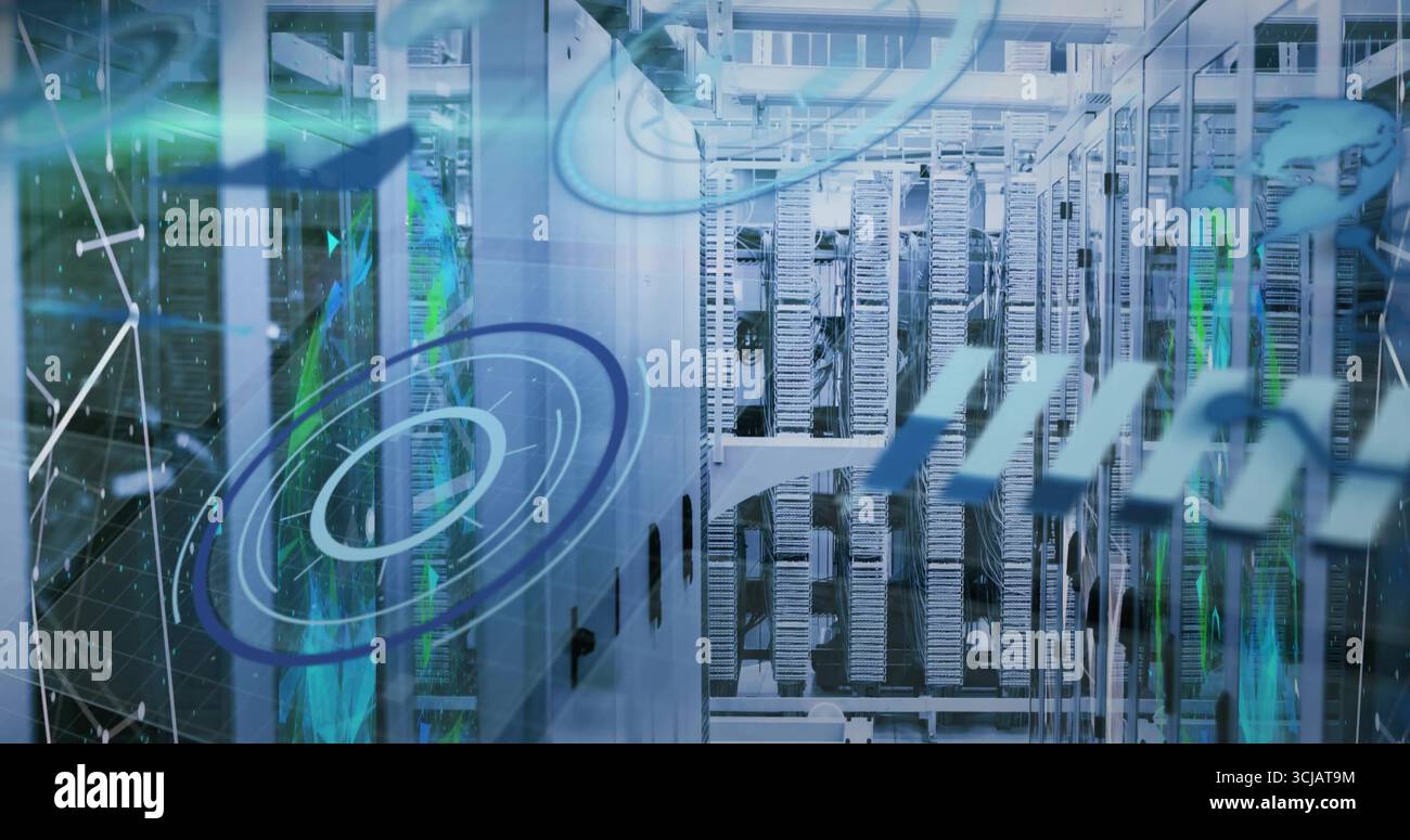 Displaying server racks operating in data center, with network switches ...