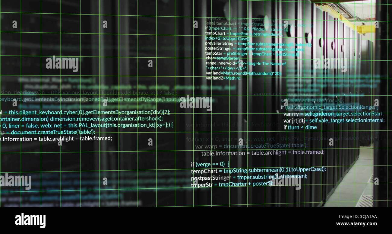 Displaying server racks shimmering in data center corridor, with code overlay, LED status lights Stock Photo