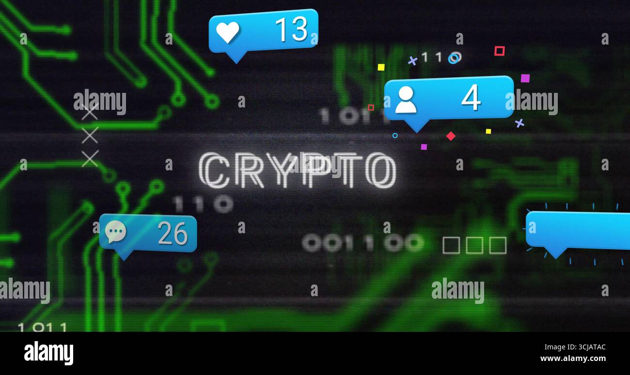 Displaying stylized CRYPTO text on digital interface, with notifications on glowing binary circuits Stock Photo