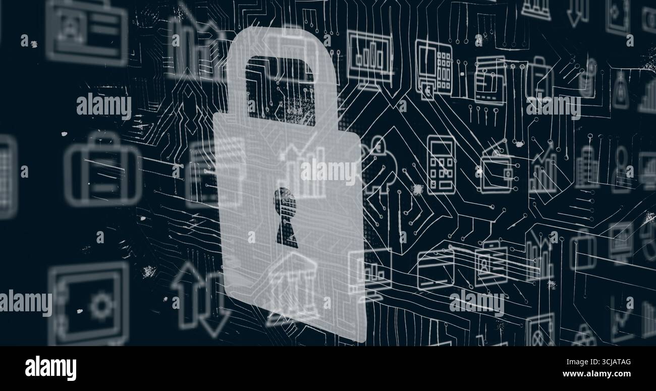 Displaying padlock hovering over digital interface, with briefcase, chart, envelope and gear icons Stock Photo