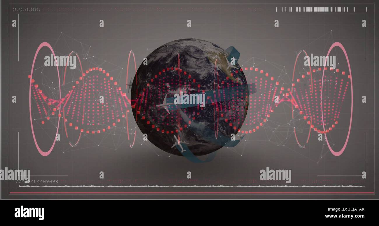 Displaying 3D Earth globe on grey interface background, with arrows, red waveform and white nodes Stock Photo