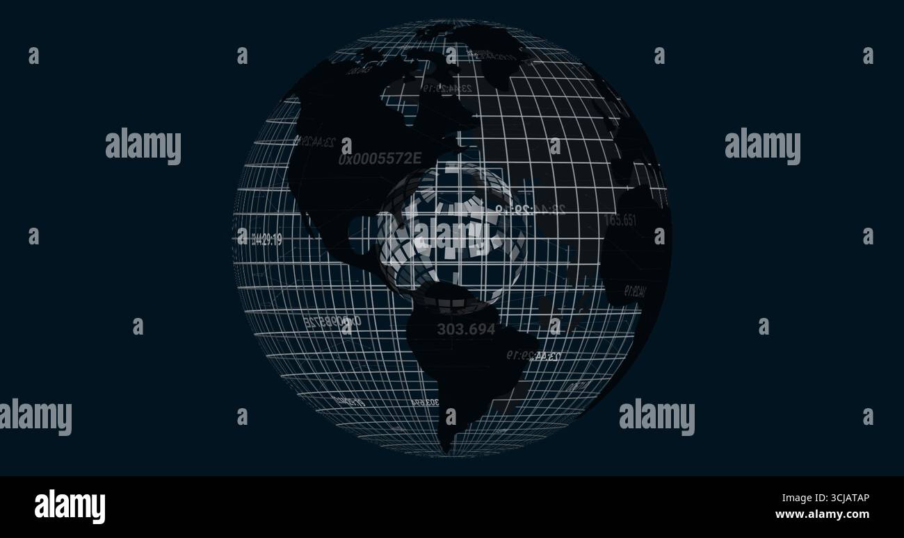 Displaying 3D Earth sphere in abstract space with grid lines, data codes and central hub graphic Stock Photo