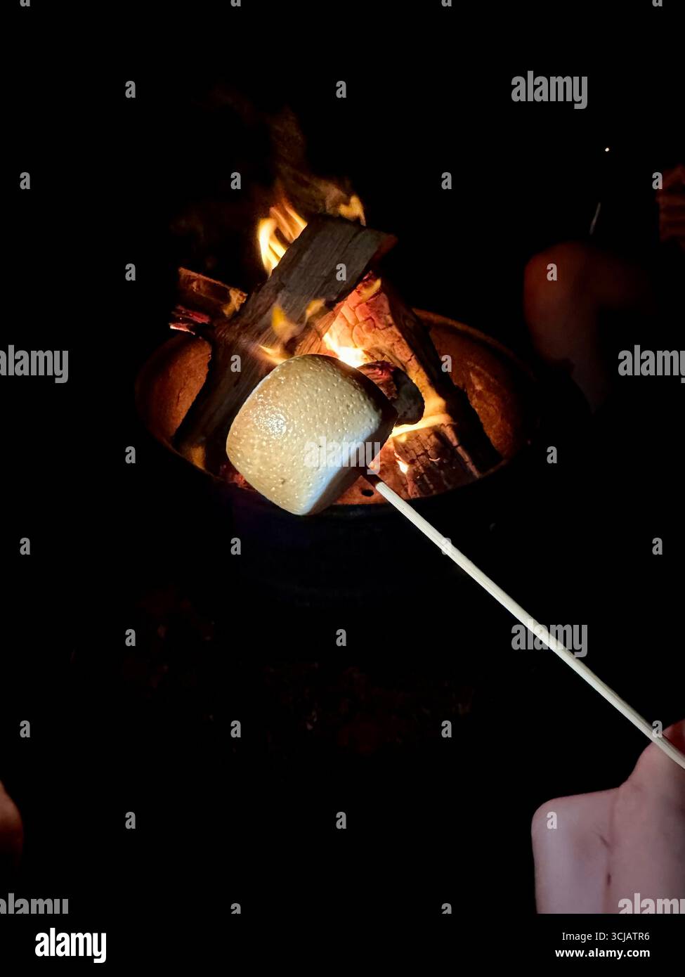 A marshmallow on a stick in front of a campfire at night - Smartphone Captured Stock Image