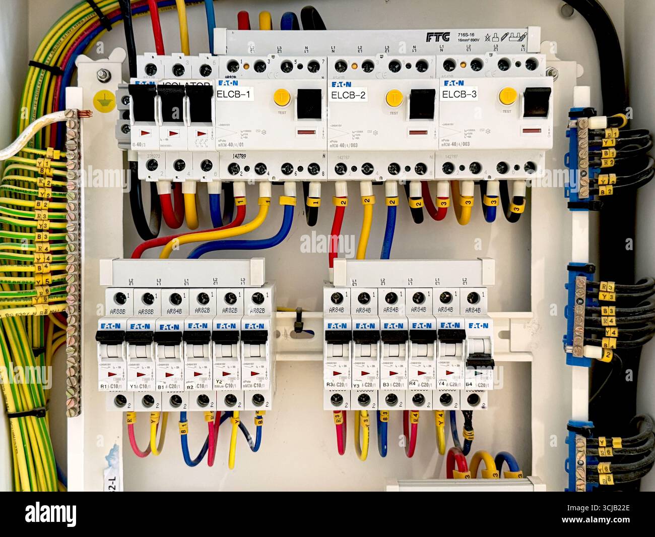 Electrical distribution board with circuit breakers, colored wires ...