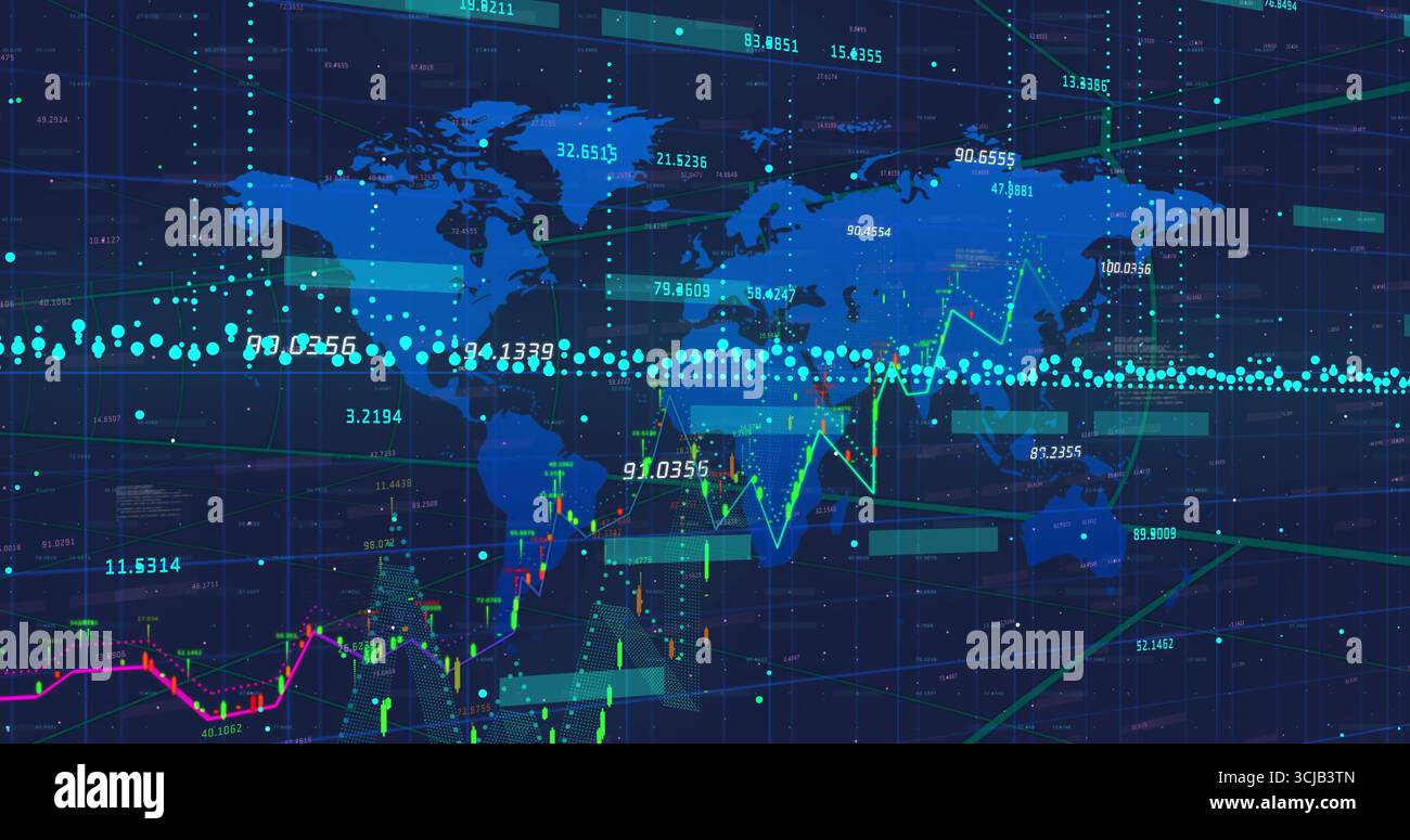 Displaying world map data visualization overlaying grid, with colored ...