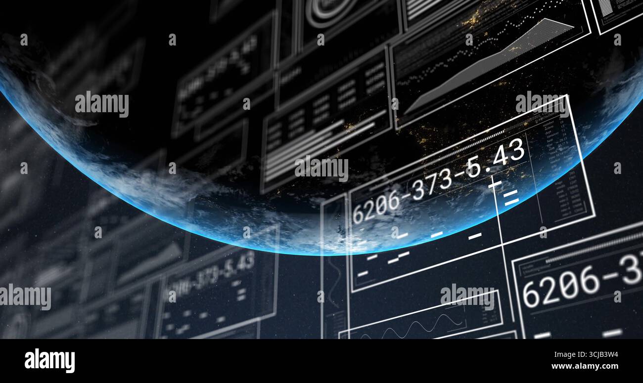 Displaying curved planet horizon glowing in orbital analytics interface, with data panels and codes Stock Photo