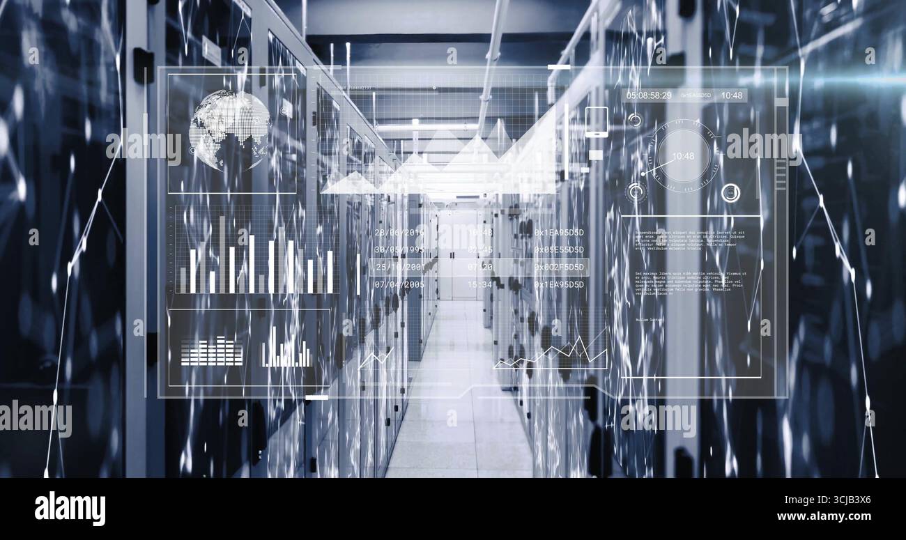 Displaying server rack aisle in data center corridor, showing blinking LEDs, cables, display panels Stock Photo