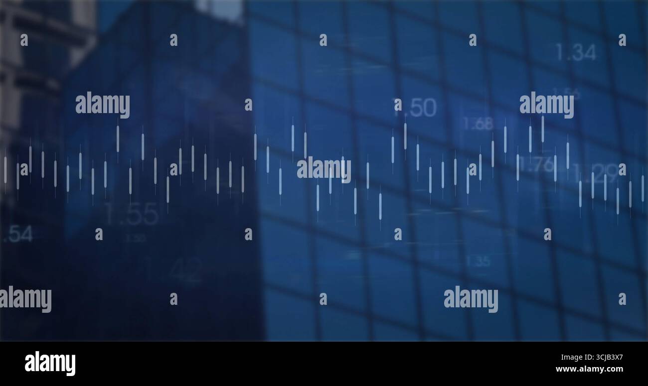 Displaying candlestick chart bars fluctuating on skyscraper glass facade, with numeric values Stock Photo