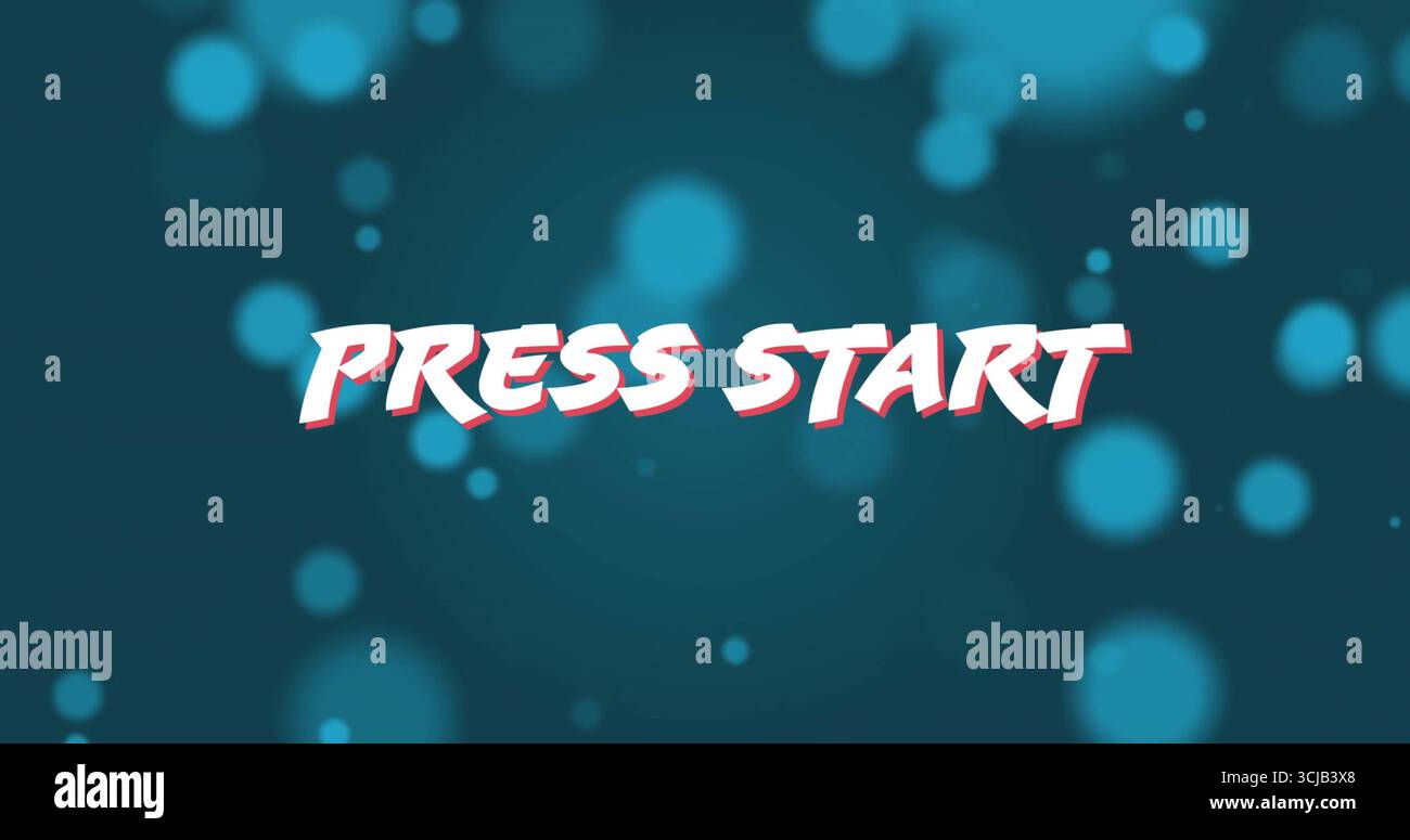 Displaying stylized PRESS START text on digital interface, with teal-blue bokeh backdrop Stock Photo