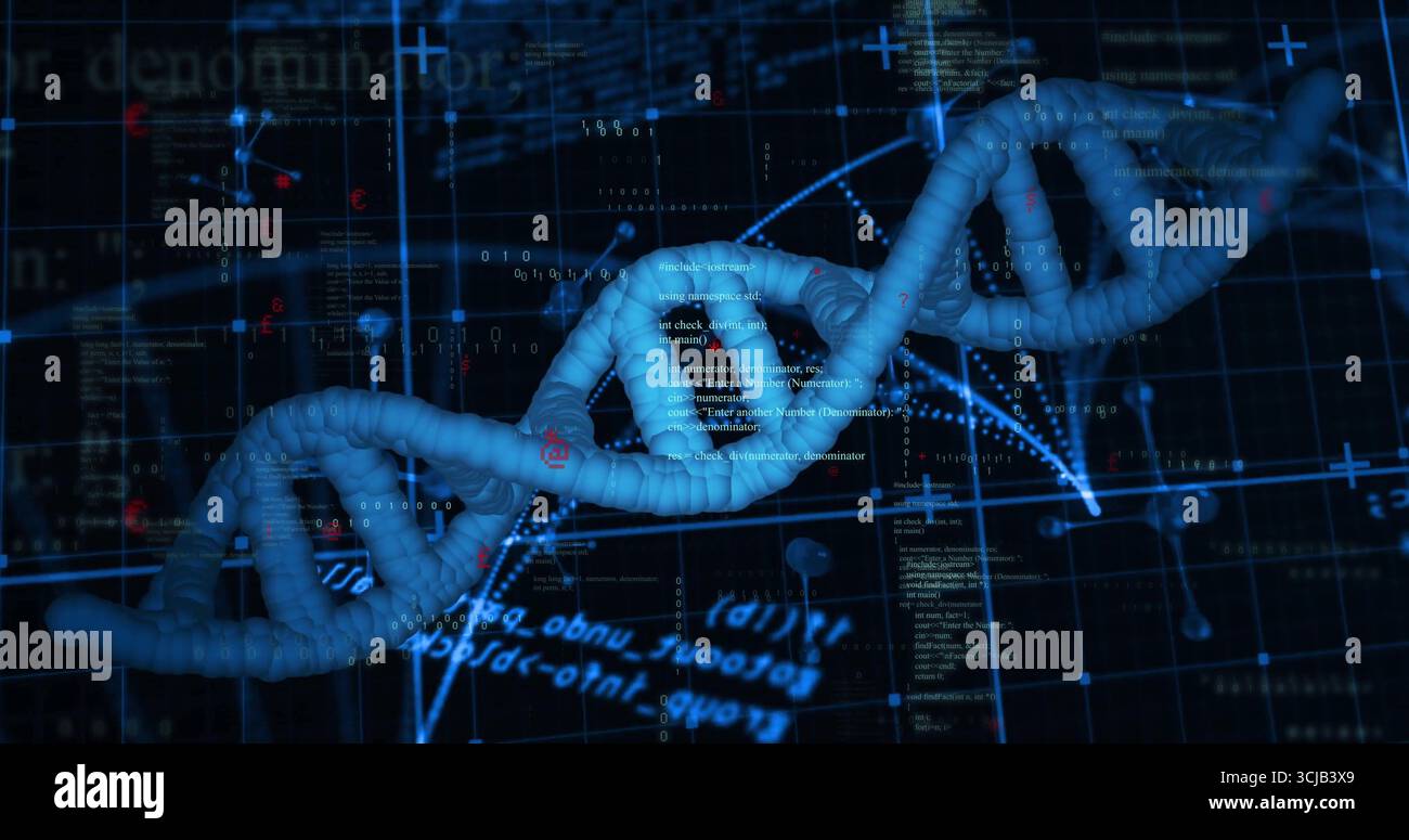Floating 3D DNA helix model rotating within virtual interface, with code snippets and data streams Stock Photo