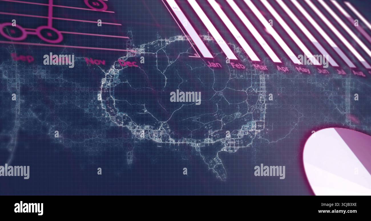 Displaying wireframe brain network at futuristic interface, with magenta bar chart and pie chart Stock Photo