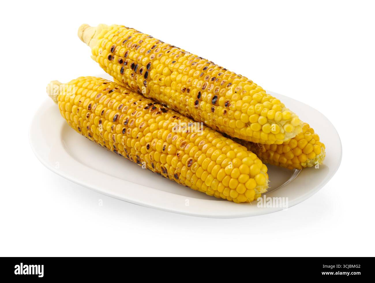 Three tasty grilled corncobs isolated on white Stock Photo
