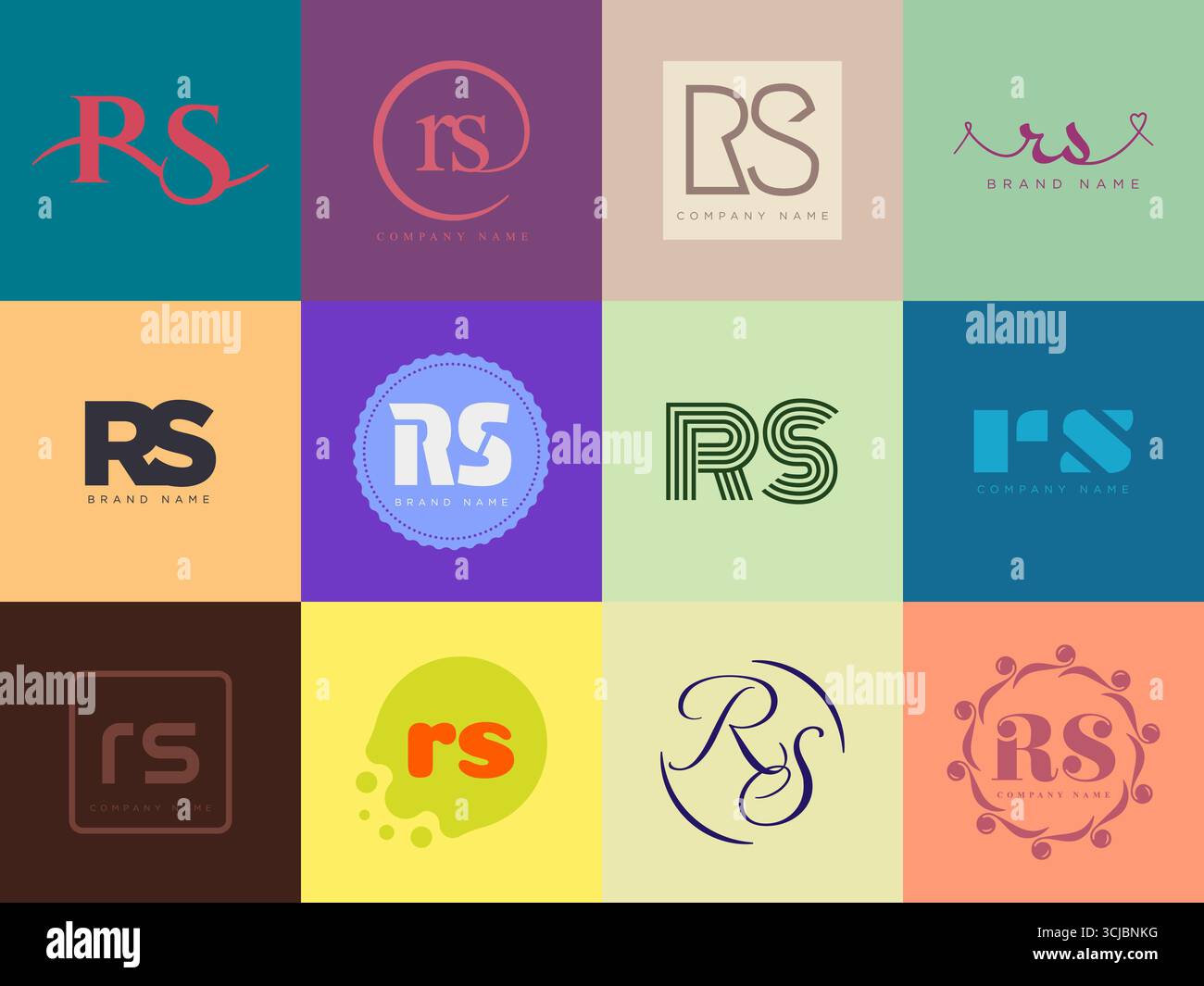 RS logo company template. Letter r and s logotype. Set different classic serif lettering and modern bold text with design elements. Initial font typog Stock Vector