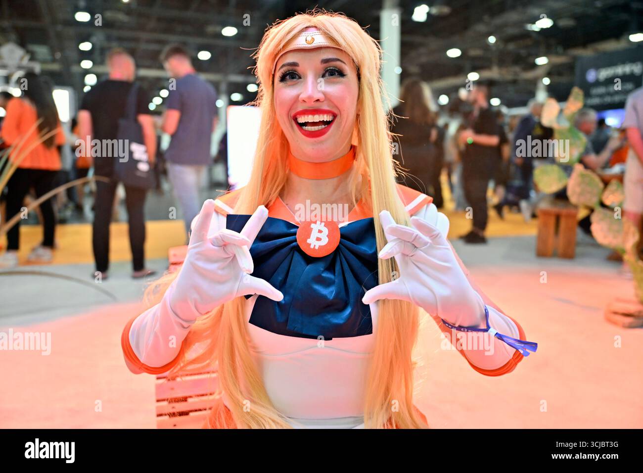 Las Vegas, Nevada, USA. 28th May, 2025. Audrey Geiger of San Diego, Calif.,  poses in a bitcoin-themed costume during the Bitcoin 2025 conference at The  Venetian Convention & Expo Center on May