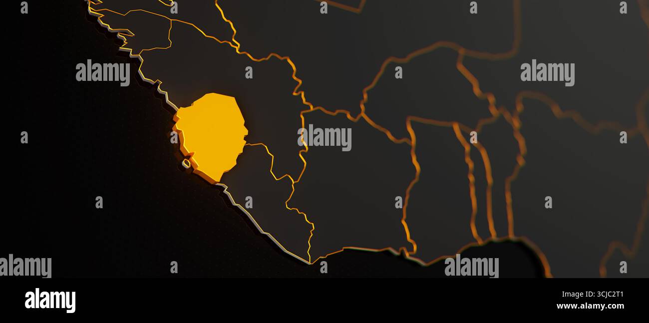 Golden Sierra Leone 3d map surrounded with other countries in black ...