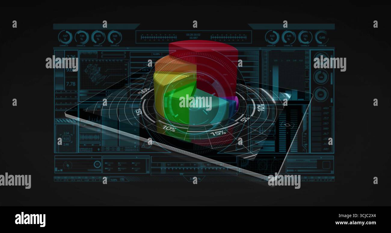 Displaying tablet projecting segmented 3D pie chart in dark tech space with gridlines and dashboard Stock Photo