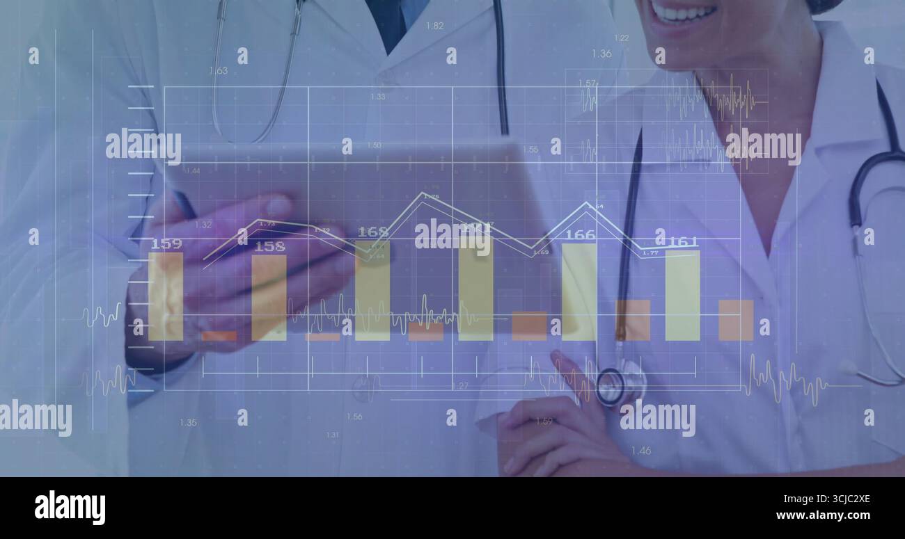 Two doctors in coats with stethoscopes using tablet at clinic, with bar and line chart overlay Stock Photo