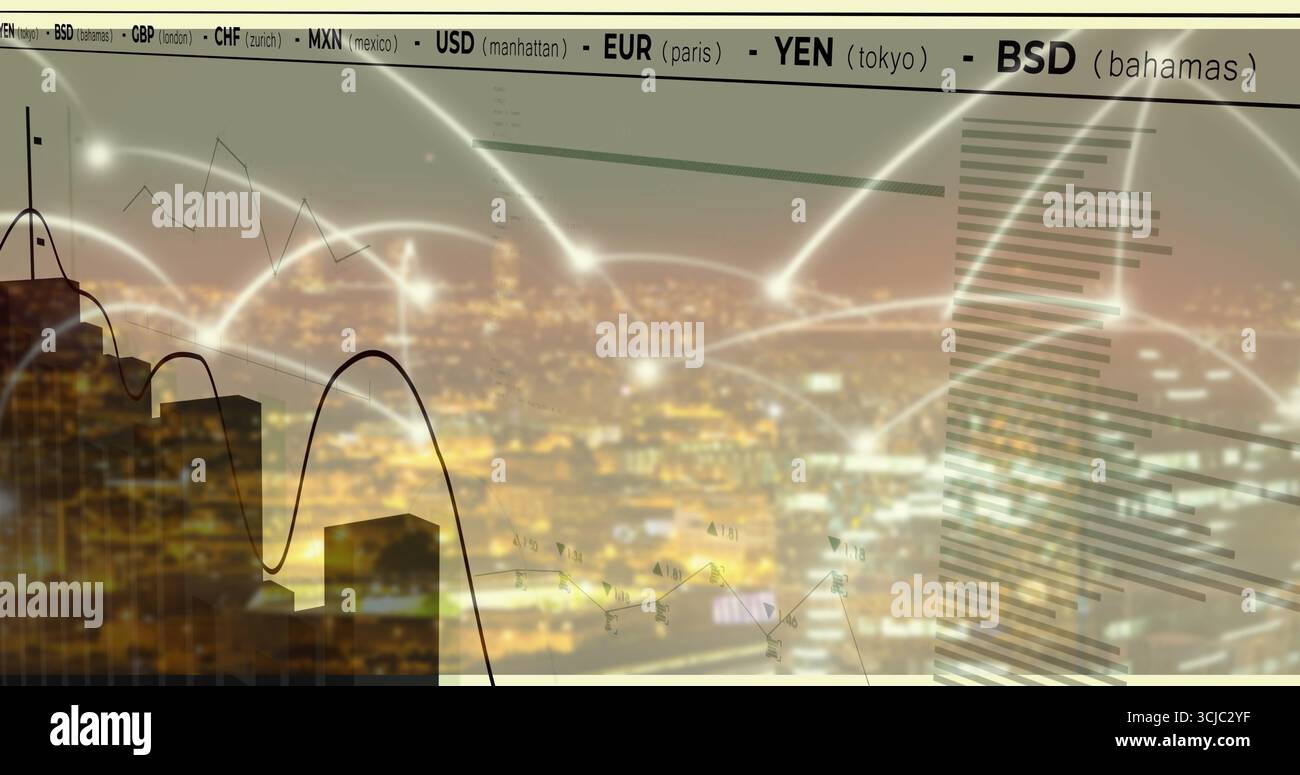 Overlaying line charts, bars across city skyline at night, with glowing ...