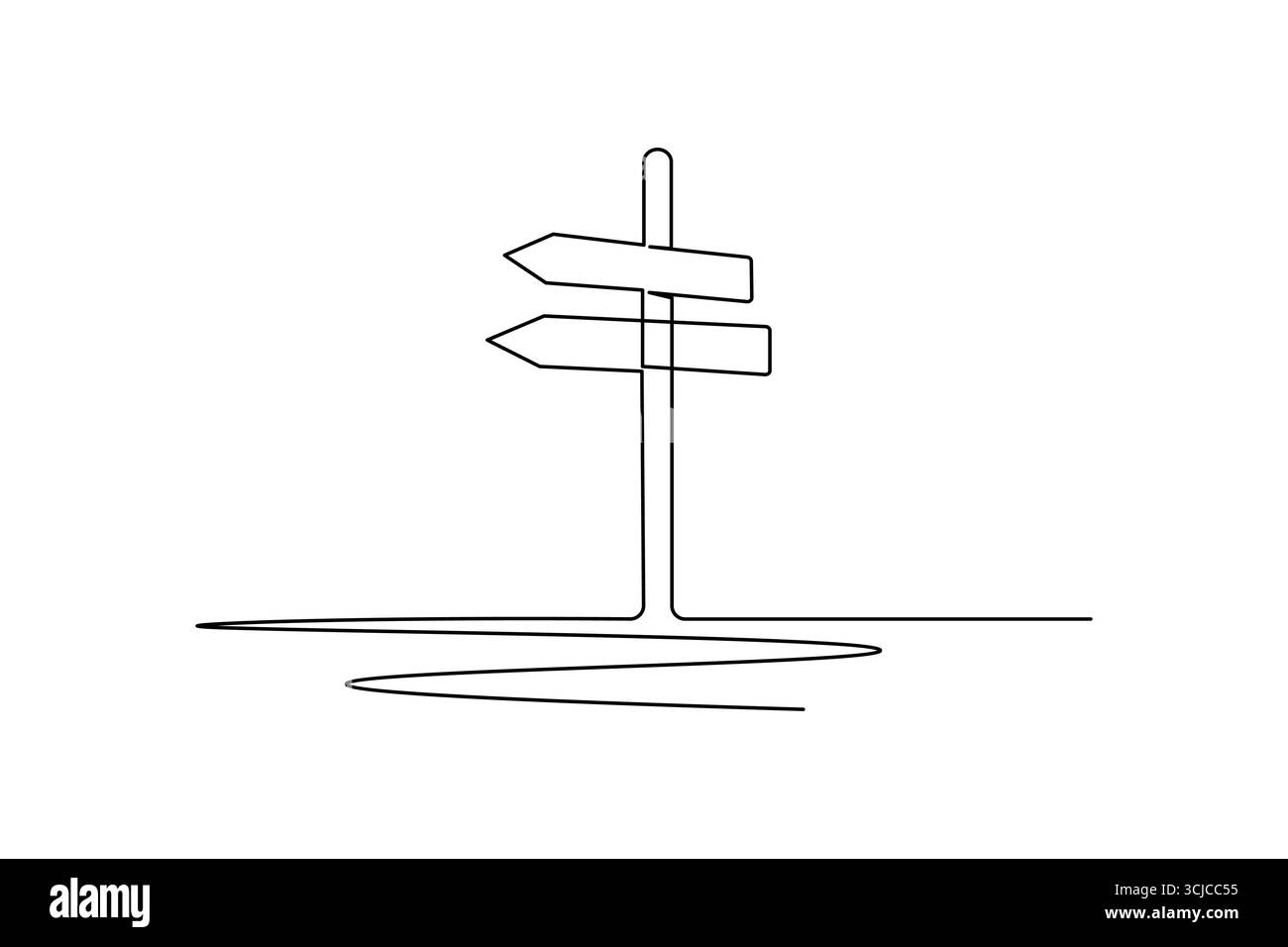 One line drawing of road directional signpost with arrows showing ...