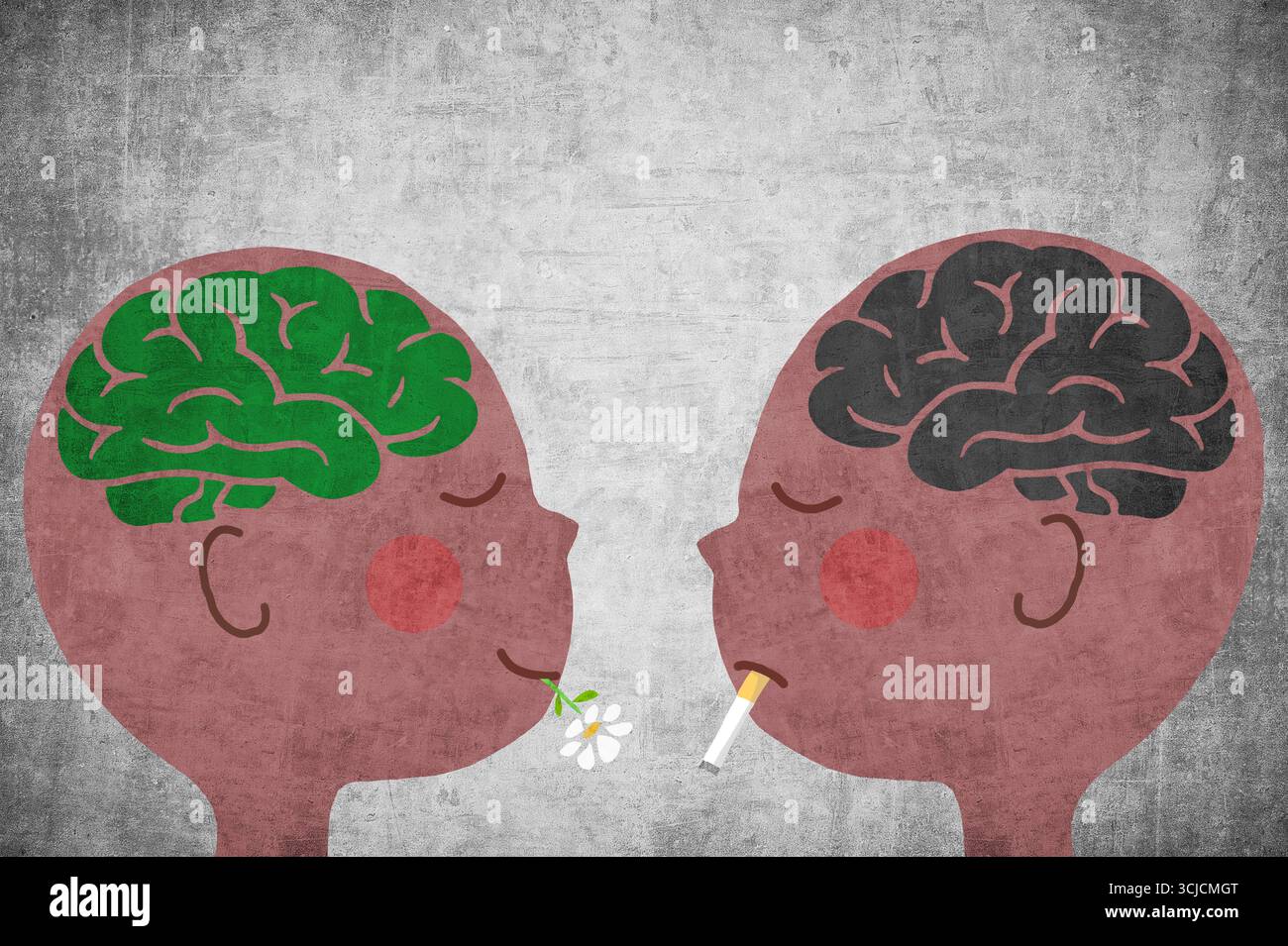 Human Brain Model Surrounded By Blue Smoke From Cigarette On Black