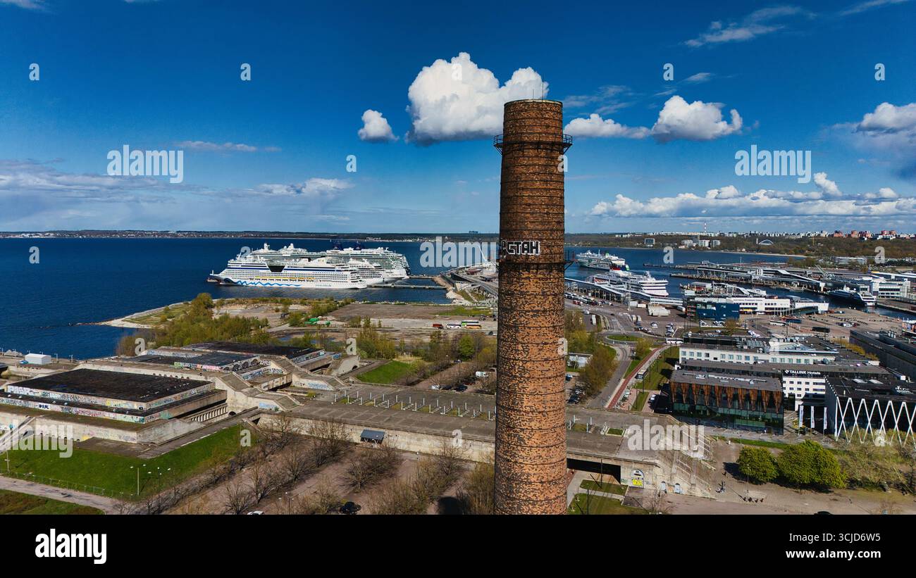 Tallinn Harbor Skyline with Old Chimney and Cruise Ships - Aerial View Stock Photo