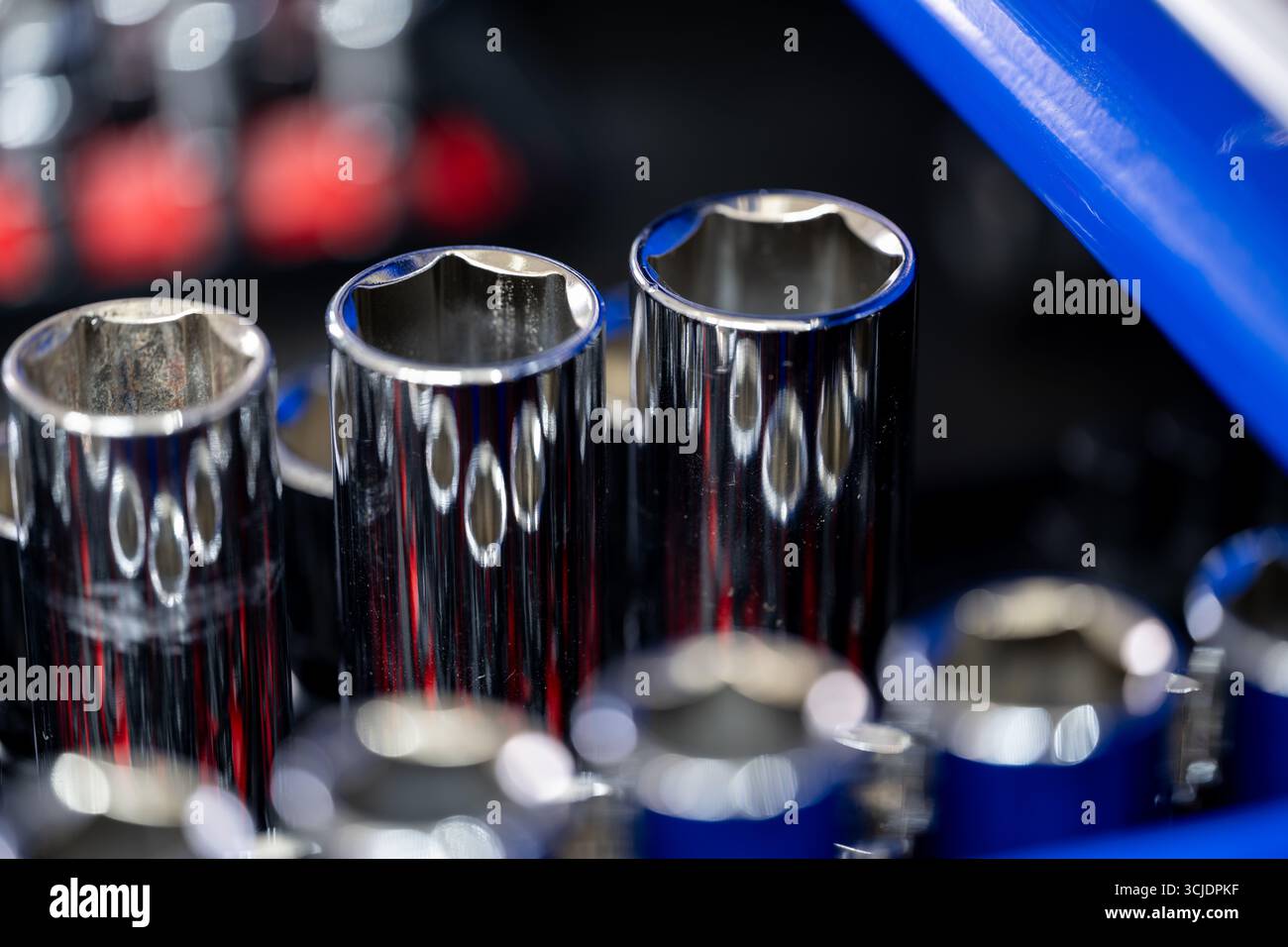 Close-Up of Chrome Socket Set in Toolbox Stock Photo