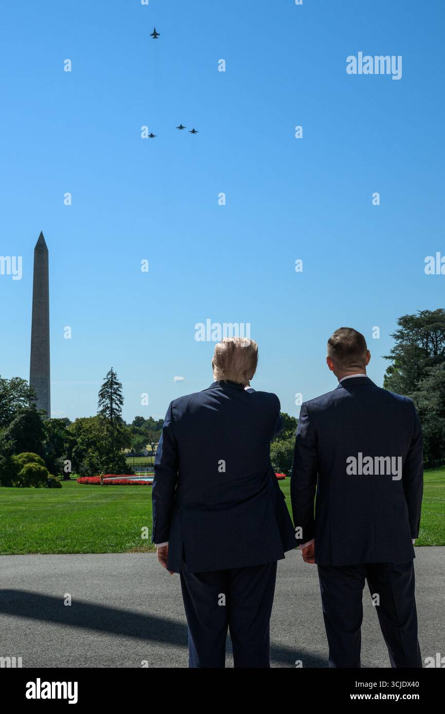 Military aircraft perform a flyover of the White House as President ...