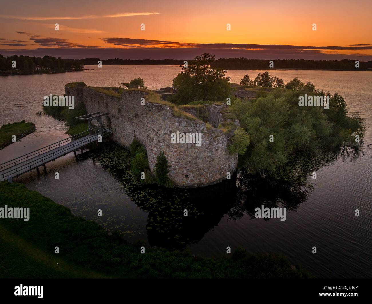 Aerial view of Kronoberg cast le ruin on Helgasjön lake in Växjö ...