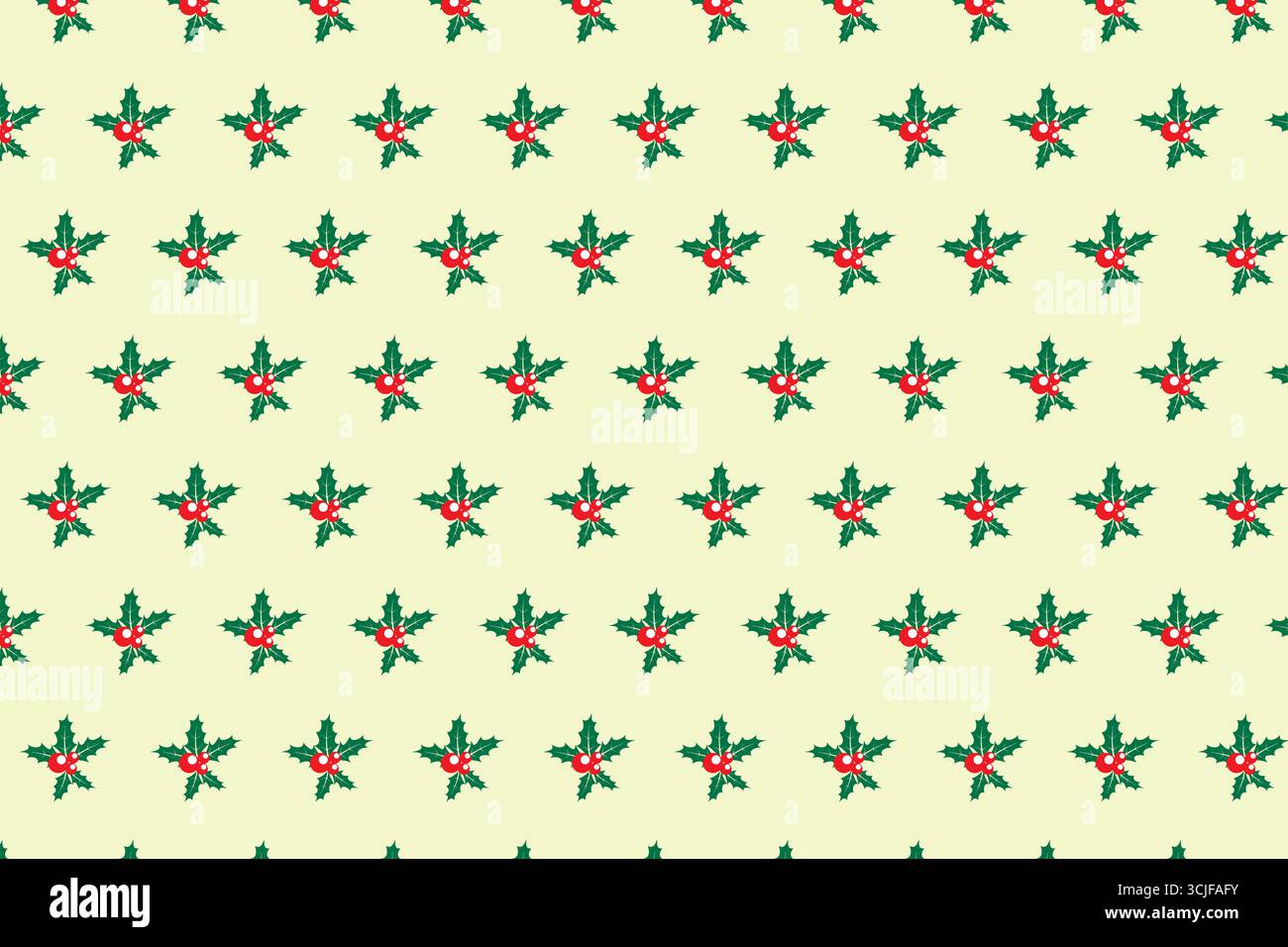 This image features a seamless pattern composed of stylized green holly leaves adorned with bright red berries, set against a soft, pale yellow backdr Stock Vector