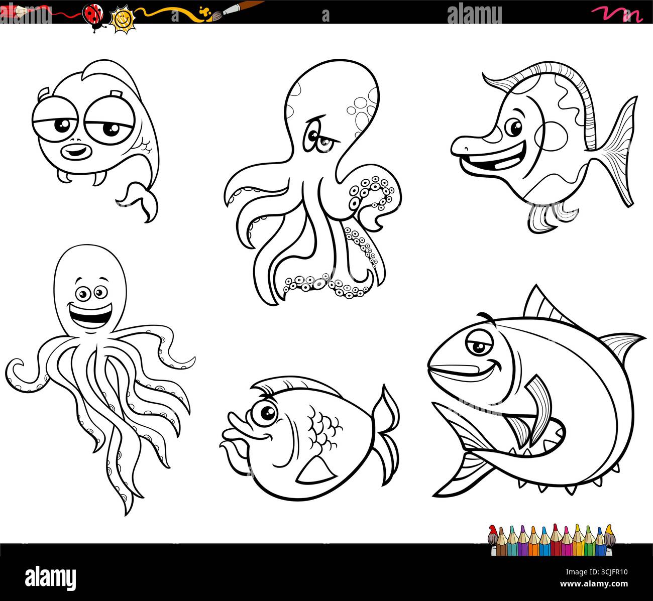 cartoon illustration of funny sea life animal characters set coloring ...