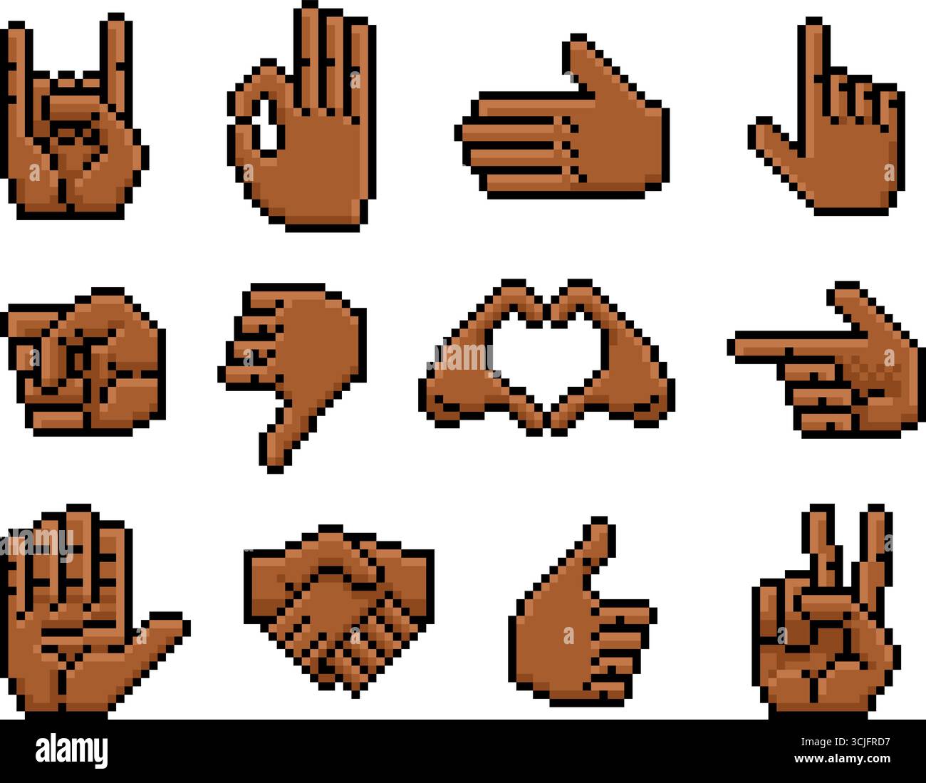 Pixel Art Hand Gestures Retro 8 Bit Icon Set Stock Vector