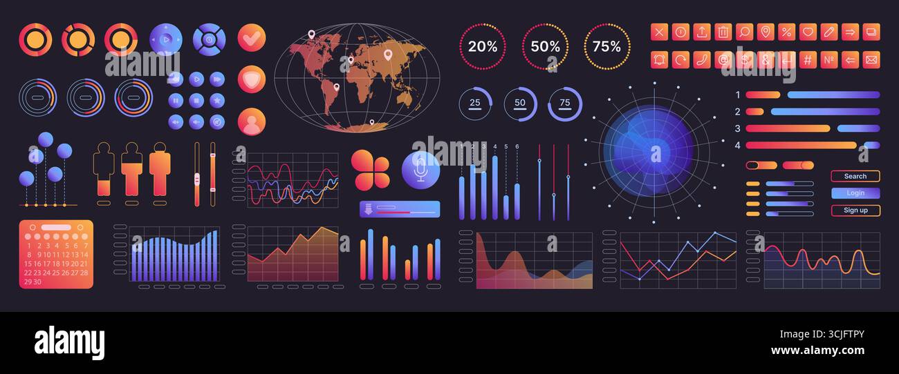 Neon interface elements kit for UI UX web design color icon set ...
