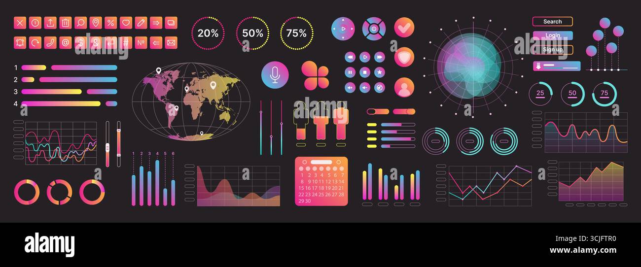 Neon interface elements kit for UI UX web design color icon set ...