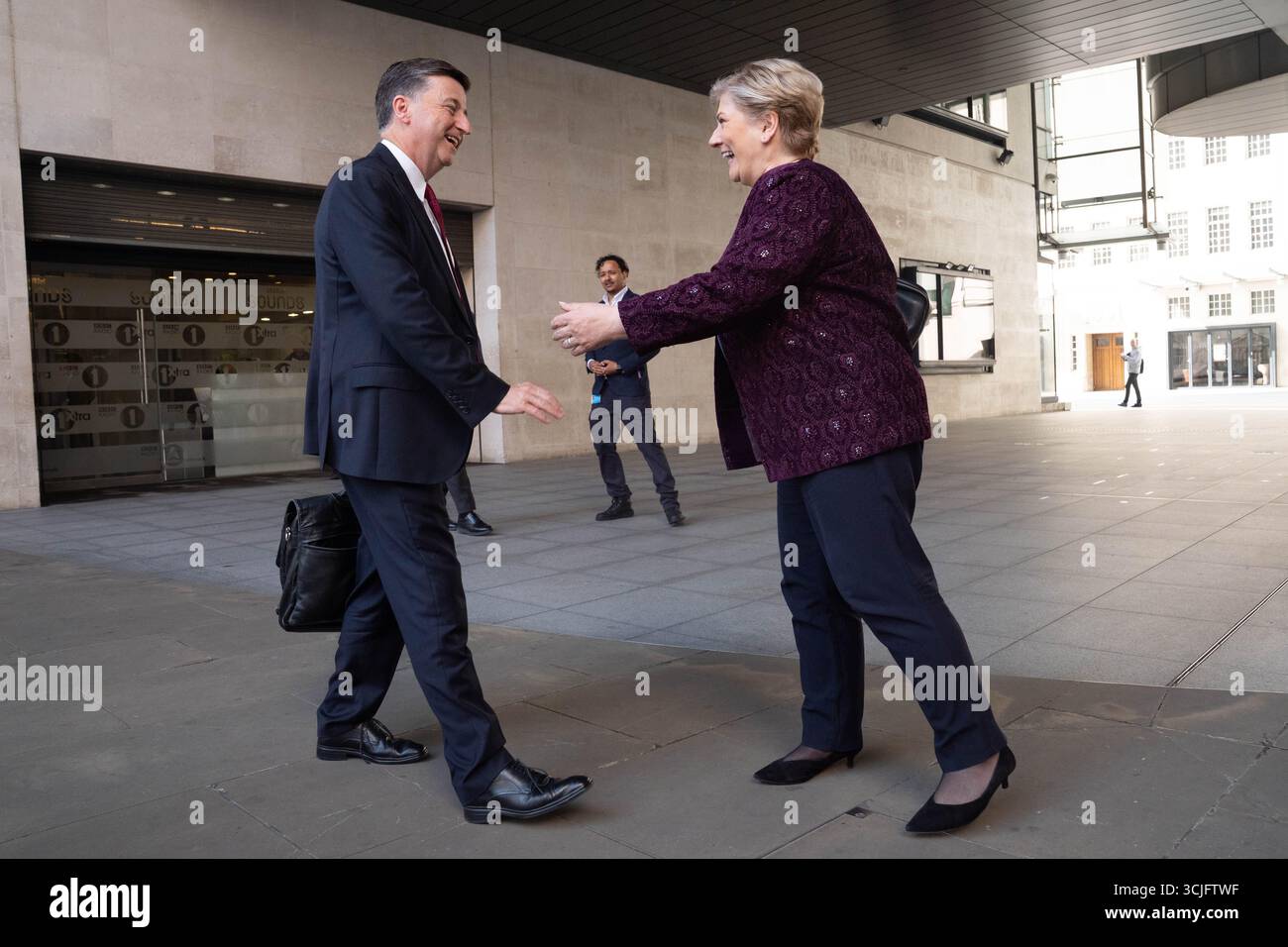 Dame Emily Thornberry Meeting Douglas Alexander Outside BBC dame-emily-thornberry-meeting-douglas-alexander-outside-bbc