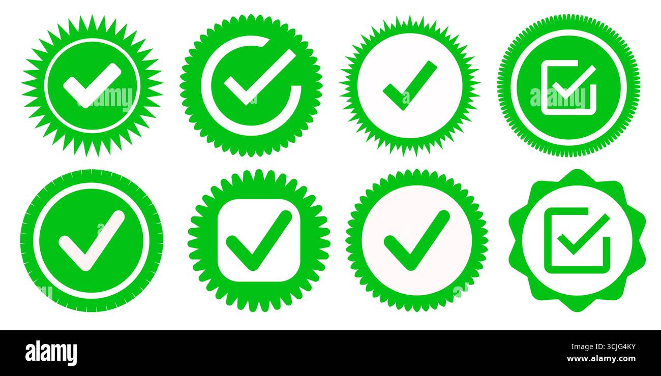 Green flat check mark icons set on transparent background. Vector ...