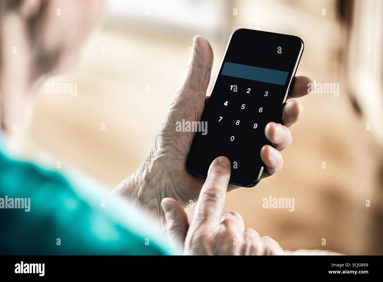 Old senior phone fraud or scam. Woman with smartphone. Data information and security. Scammer phishing. Love romance hoax. Elder mature with cellphone. Stock Photo